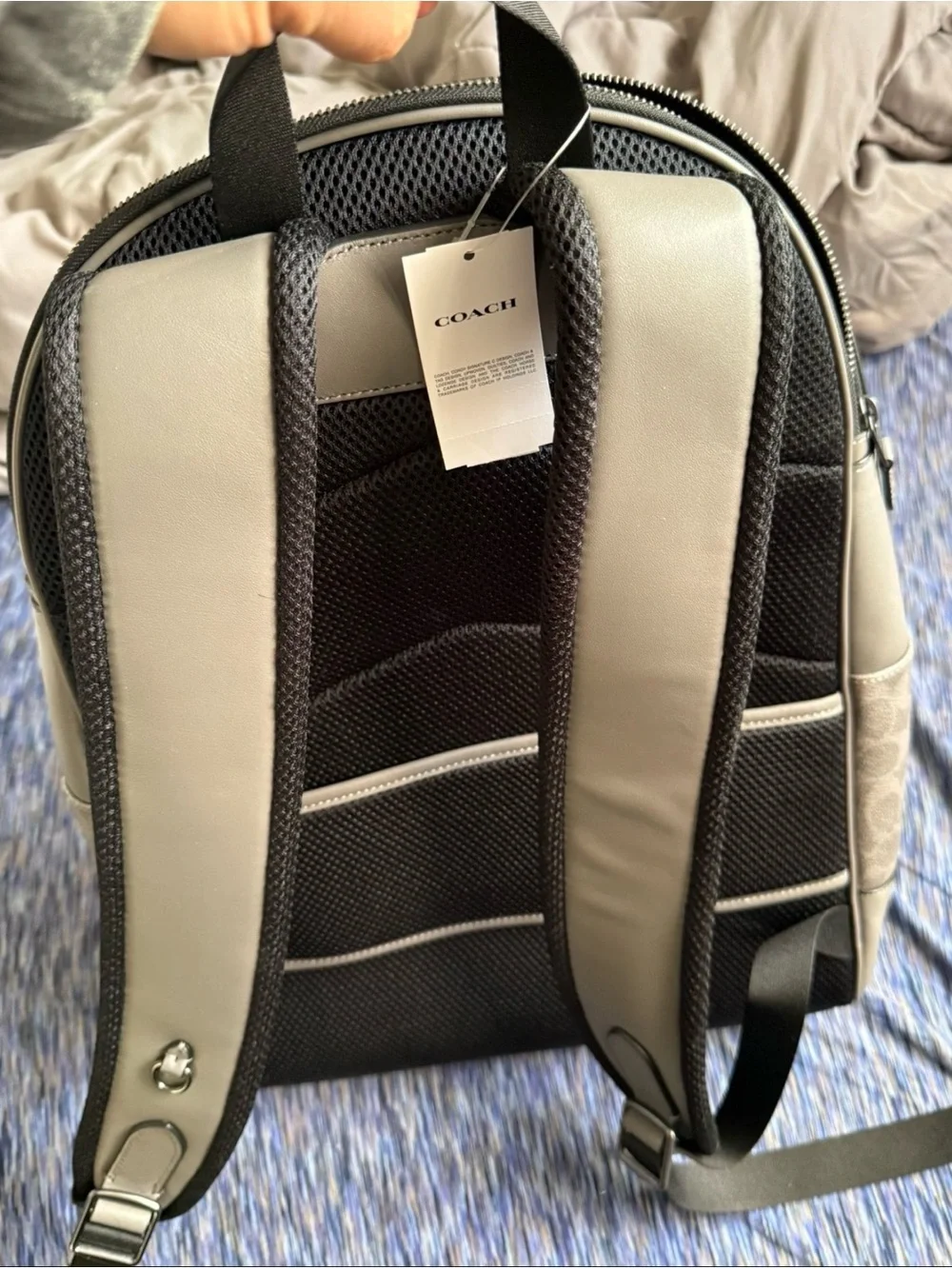 Coach Gray Signature Canvas Backpack with Yellow and Cream Stripes